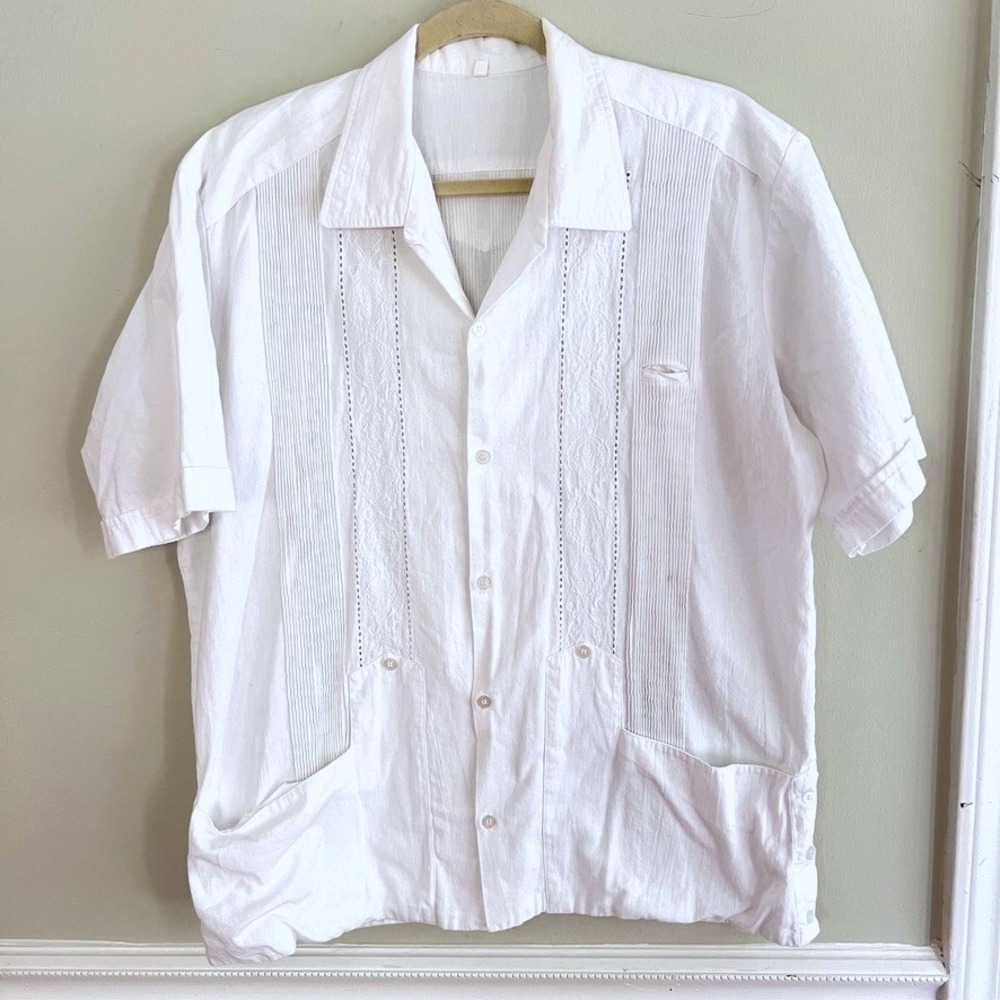 Authentic Cotton Guayabera Shirt Men XL Short Sleeve White Pintuck Tropical